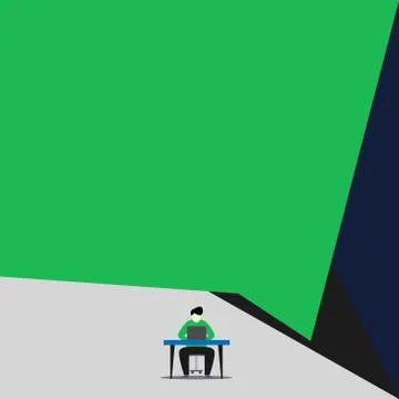 Front view young man sitting chair desk working open laptop geometric background Illustrazione stock