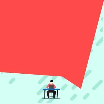 Front view young man sitting chair desk working open laptop geometric background Illustrazione stock