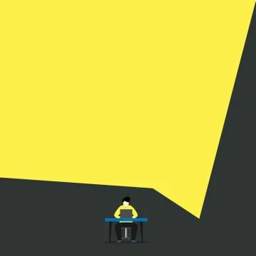 Front view young man sitting chair desk working open laptop geometric background Illustrazione stock