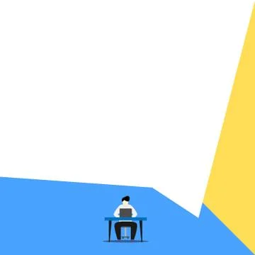 Front view young man sitting chair desk working open laptop geometric background Illustrazione stock