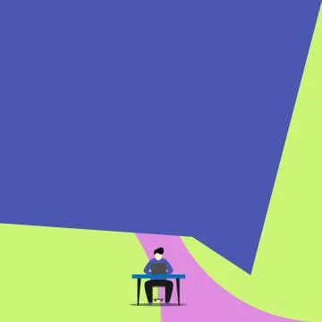 Front view young man sitting chair desk working open laptop geometric background Illustrazione stock