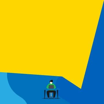 Front view young man sitting chair desk working open laptop geometric background Illustrazione stock