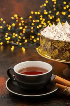 Front view yummy cream cake on dark background sweet dessert pie color birt.. Stock Photos
