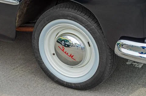 Front wheel of Soviet full-size luxury car ZIM-12 Stock Photos
