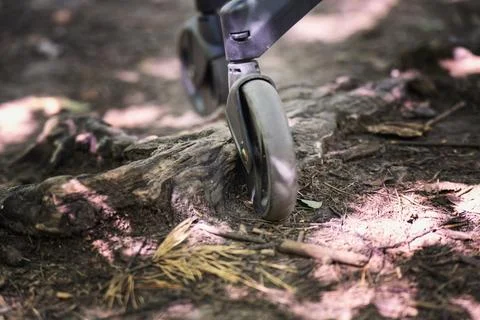 Front wheel of a stroller turned sideways, stuck on a tree root on forest tra Stock Photos