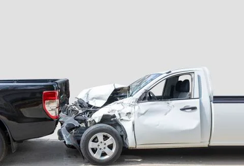 Front White color pack up car crash with back side black color car get damage Stock Photos