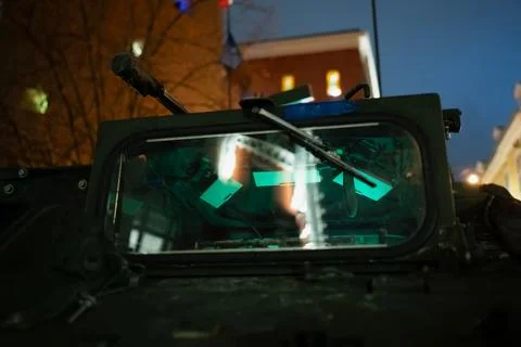 Front windshield perspective of a displayed armored vehicle in Riga Stock Photos