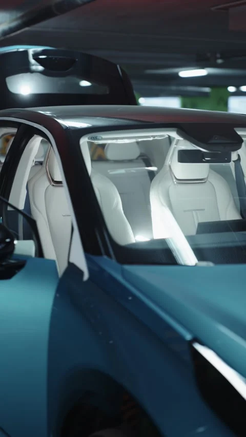 Front windshield view of blue electric SUV with light interior Vídeos de archivo 318417645