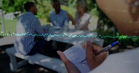 Front woman taking business notes with blue pen as group talking, waveform Stock Footage 331570901