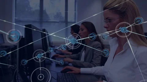 Front woman, team typing for training, ring appearing causing network nodes Stock Footage 333154806