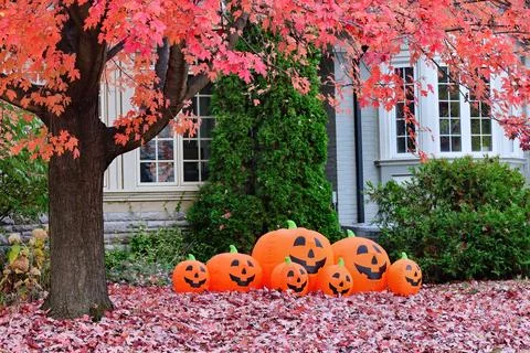 Front yard of house with fall foliage on maple tree and Halloween decorations Stock Photos