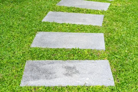 Front yard rock walkway between grasses Foto stock