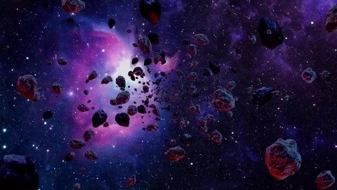 Frontal loop of Asteroid field moving towards nebula in outer space Stock Footage 303339087
