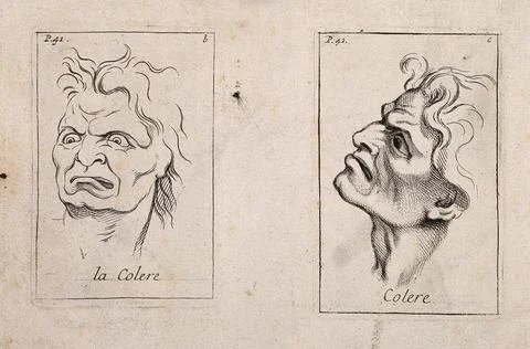 A frontal outline and a profile of faces expressing anger. Etching by B. Pi.. Stock Illustration