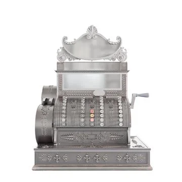 Frontal view of 3D-rendered vintage cash register on isolated white background Stock Illustration