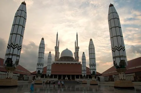 Frontal view of the Central Java Grand Mosque at sunset. Stock Photos
