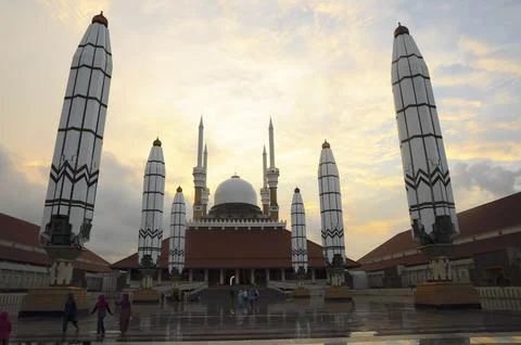 Frontal view of the Central Java Grand Mosque at sunset. Stock Photos