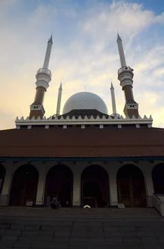 Frontal view of the Central Java Grand Mosque at sunset. Stock Photos