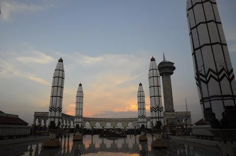 Frontal view of the Central Java Grand Mosque at sunset. Stock Photos