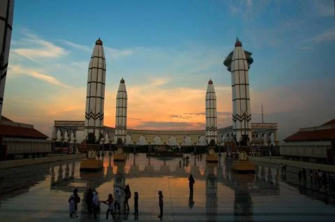 Frontal view of the Central Java Grand Mosque at sunset. Stock Photos