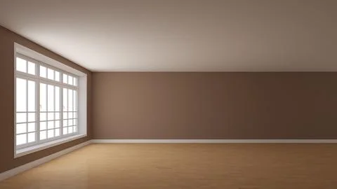 Frontal View of the Empty Interior with Brown Plastered Walls, a Large Window Stock Illustration