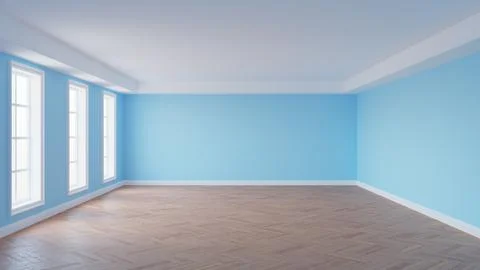 Frontal View of the Empty Room with Pale Blue Walls, White Ceiling and Cornice Stock Illustration