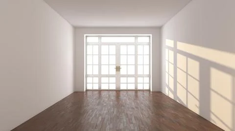Frontal View of the Empty Sunny Interior Concept. White Room with Large Window Stock Illustration