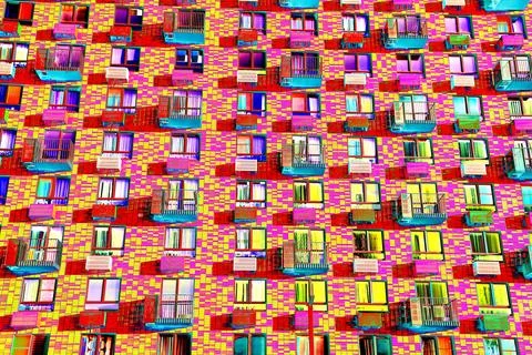 Frontal view of the facade of the building with many windows. Changed color s Ilustración de archivo