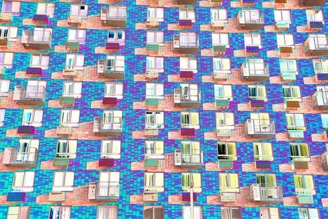 Frontal view of the facade of the building with many windows. Changed color s Ilustración de archivo