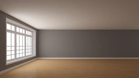 Frontal View of the Interior with a Large Window on the Left, with a Gray Wall Stock Illustration