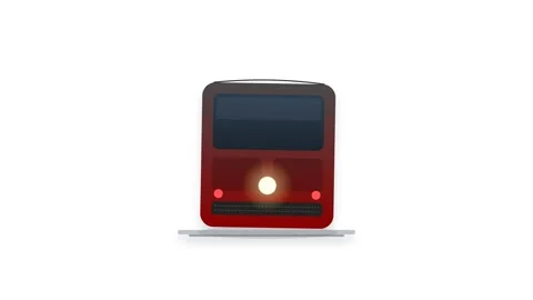 Frontal view of a modern commuter train with charcoal gray and muted red gr.. Stock-Footage 346006810