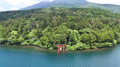 Frontal View | Peace Torii Gate | Lake Ashi | - 4K Aerial Video Stock Footage 328898299