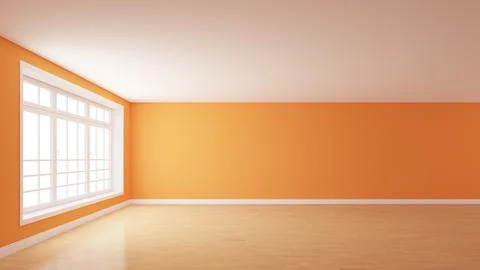 Frontal View of the Room with a Large Window on the Left, Orange Plastered Wall Stock Illustration