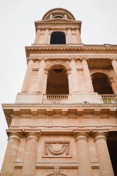 Frontal View Up of the Stone Facade of the Saint-Sulpice Church in Paris Fran Stock Photos