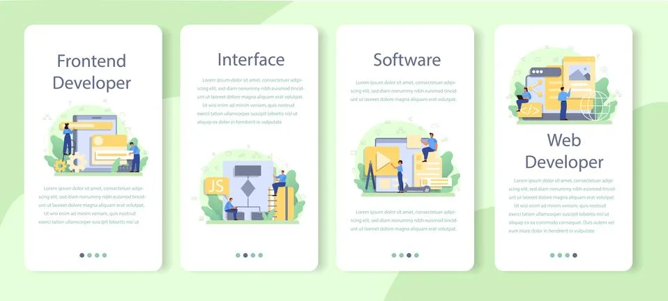 Frontend developer mobile application banner set. Website interface Stock Illustration
