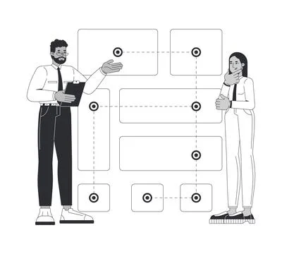 Frontend developers mapping application workflow line illustration concept Stock Illustration