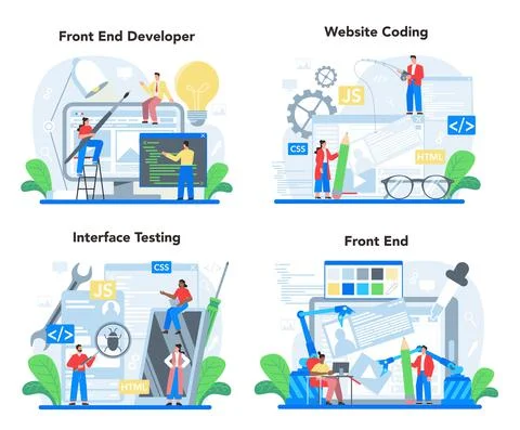 Frontend development concept set. Website interface design improvement. Illustrazione stock