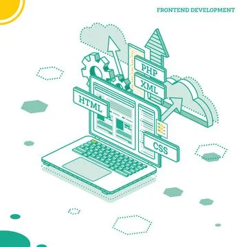 Frontend Development. Isometric Concept with Laptop Isolated on White. Stockillustratie