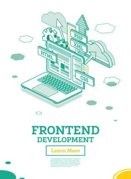 Frontend Development. Isometric Concept with Laptop Isolated on White. Crea.. Illustrazione stock
