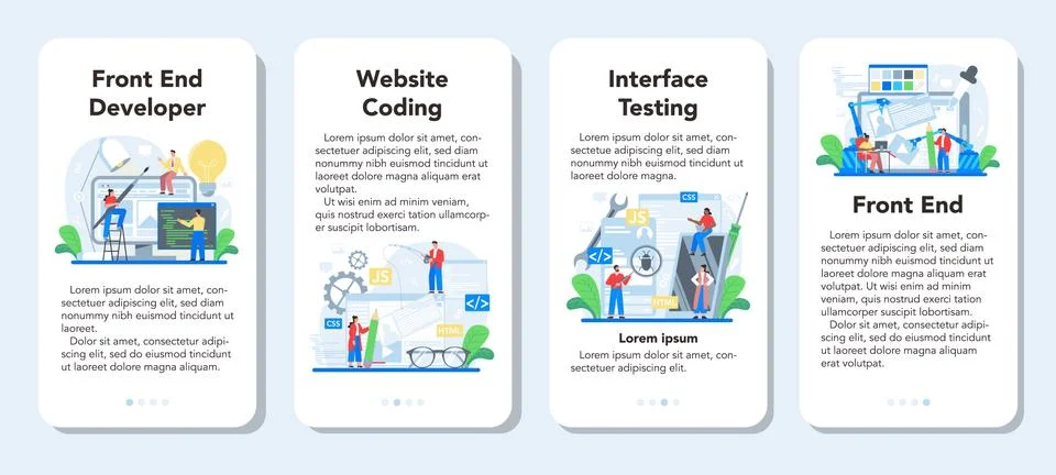 Frontend development mobile application banner set. Website interface Stock Illustration