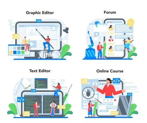 Frontend development online service or platform set. Website interface Illustrazione stock