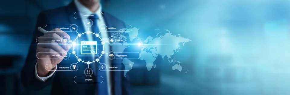 Frontend programmer designing interface codes pointing toward Web Developme.. Stock Photos
