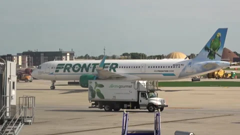 Frontier A321 with parrot tail livery parked at gate while a Gate Gourmet Stockbeeldmateriaal 320876832