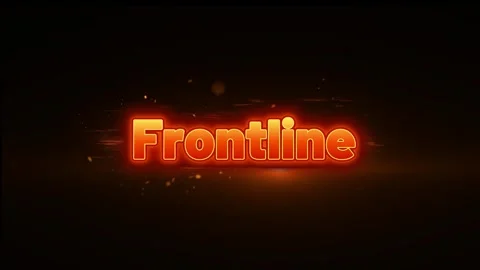 Frontline text glowing with orange fire sparks on a dark black background motion Stock Footage 348192947