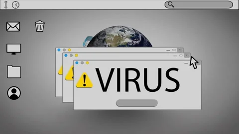 Frontmost virus warning window showing in flat design desktop UI, with toolbar Stock Footage 309066940