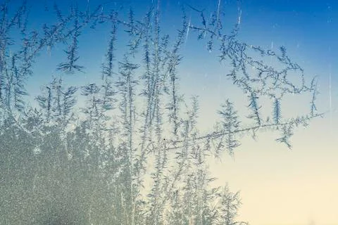 Frost bites on a window on a cold winter Stock Photos