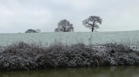 Frost covered field leafless trees canal foreground rural setting Stock Footage 47089347