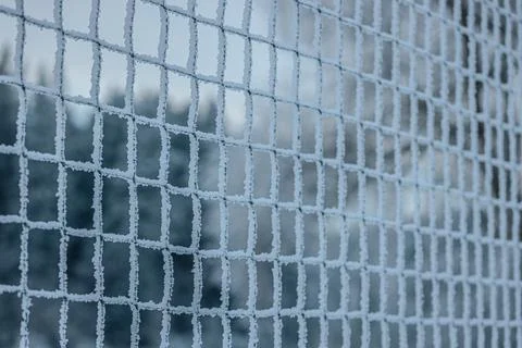 Frost-covered grid pattern of a net against a blurred winter landscape, sho.. Stock Photos