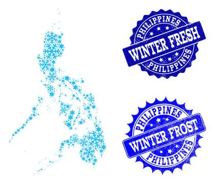 Frost Map of Philippines and Winter Fresh and Frost Grunge Stamps Stock Illustration