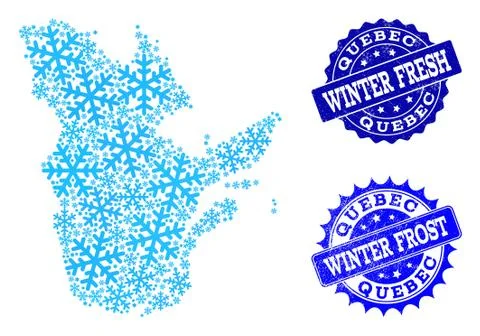 Frost Map of Quebec Province and Winter Fresh and Frost Grunge Stamps Stock Illustration